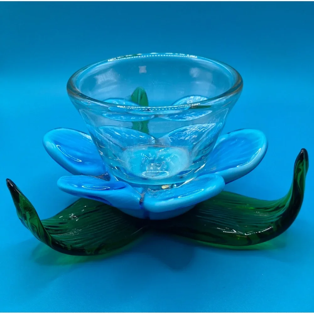 Art Glass Flower Votive Holder Blue Green Hand Blown Floral Decor